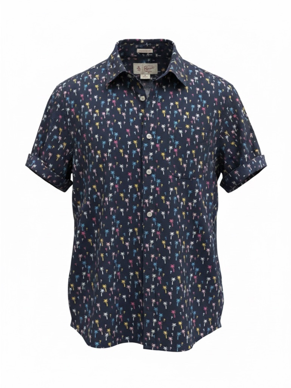 Original Penguin Heritage Slim Fit Short Sleeved Navy Palm Tree Button Down Sz M